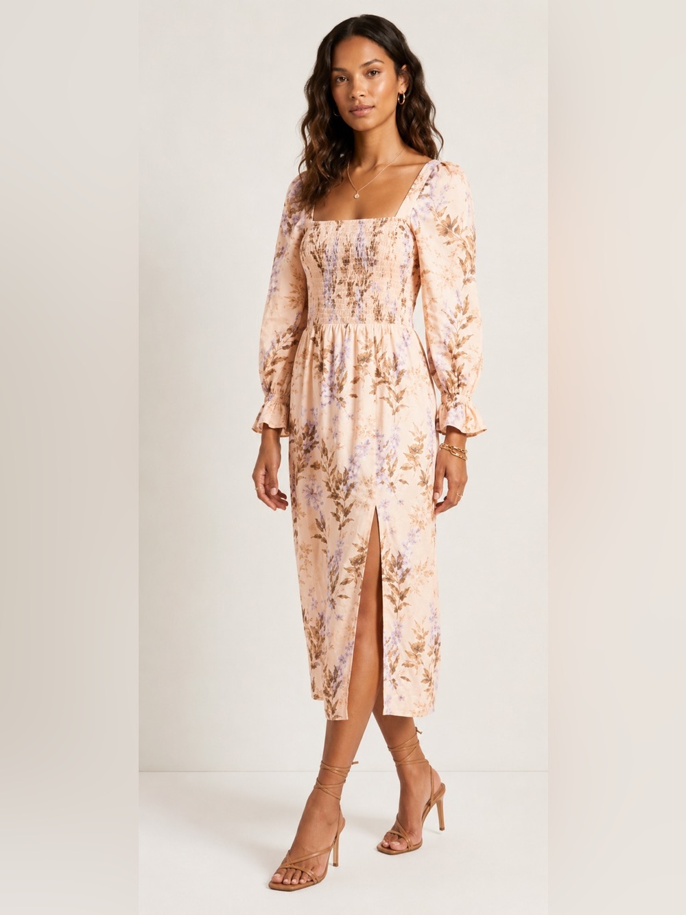 House of Harlow 1960 Peach Floral Square-Neck Linen Blend Midi Dress • NWOT
